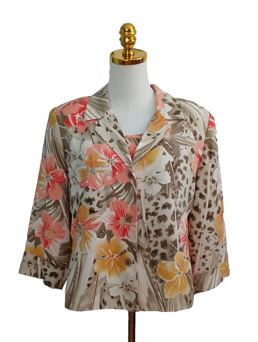 Christina Hope 100% Silk Shell 2 Piece Jacket & Top Women's Large Floral Modest